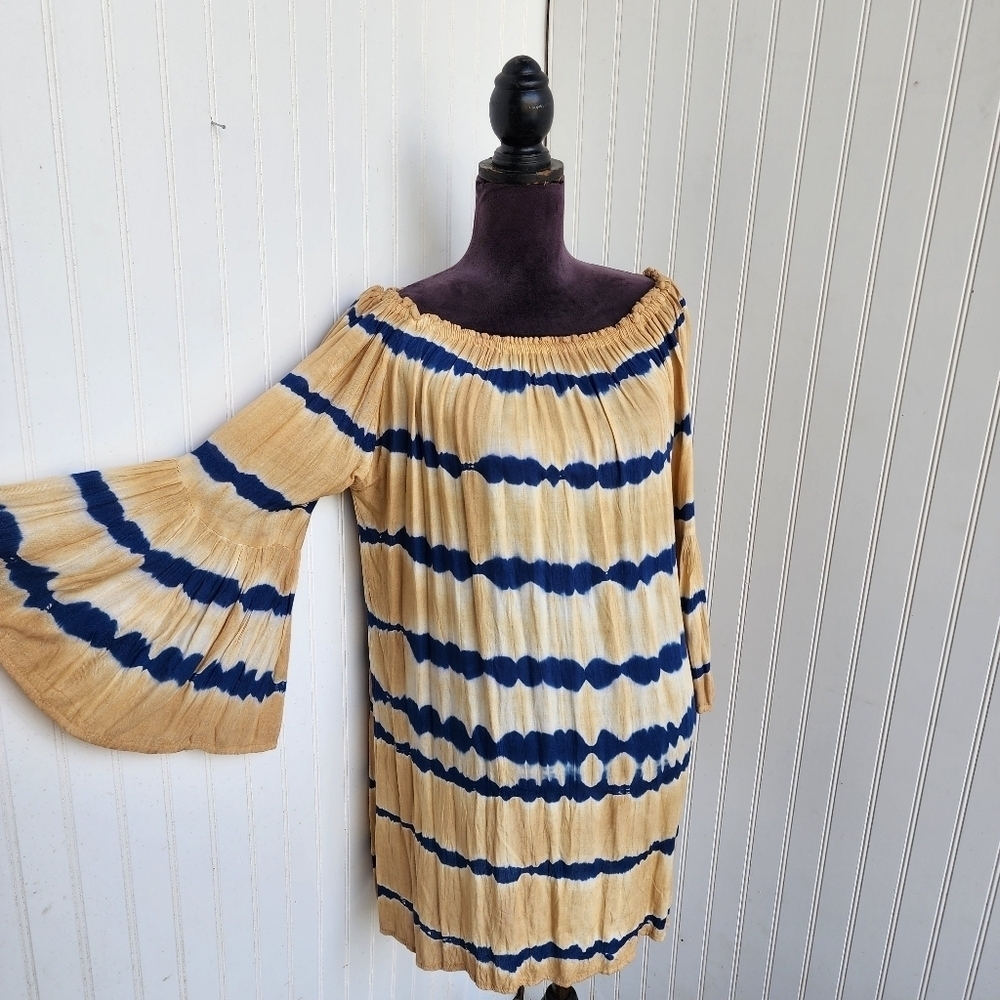 Seven Islands Women's Navy Blue Tan Beige Tie Dye Bell Sleeves Dress Sz M